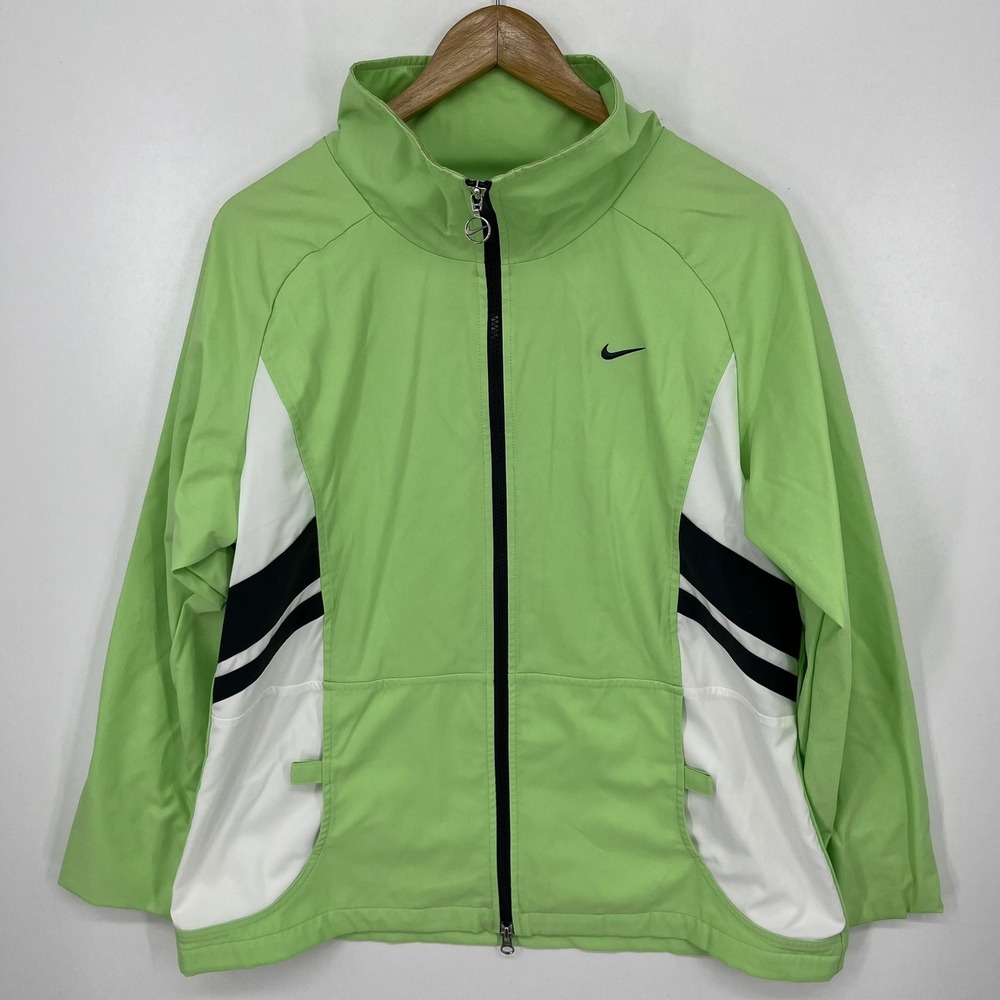 Nike Womens L Full Zip Track Jacket Lime Green White Black Vtg Y2K Swoosh Logo